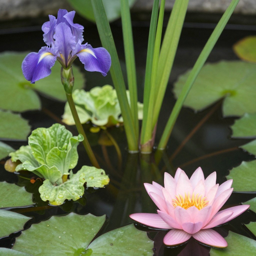 Variety of aquatic plants in pond setting