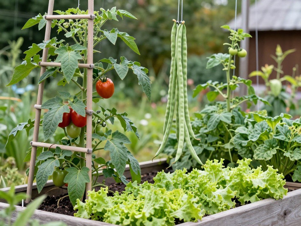 Vertical vegetable garden with tomatoes on trellis