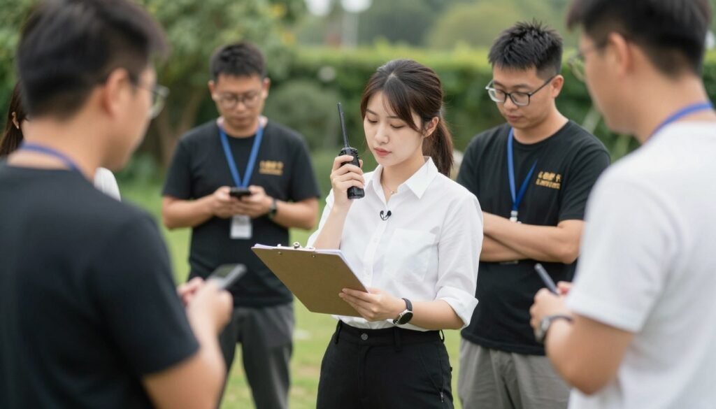 Wedding coordinator managing setup at backyard wedding reception venue