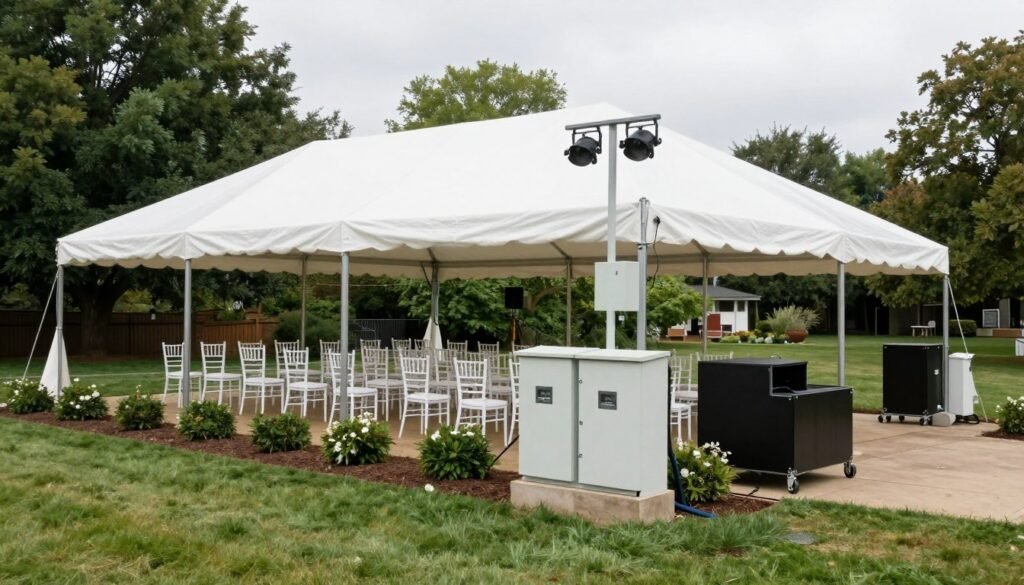 Well-organized backyard wedding infrastructure with tent, lighting and facilities