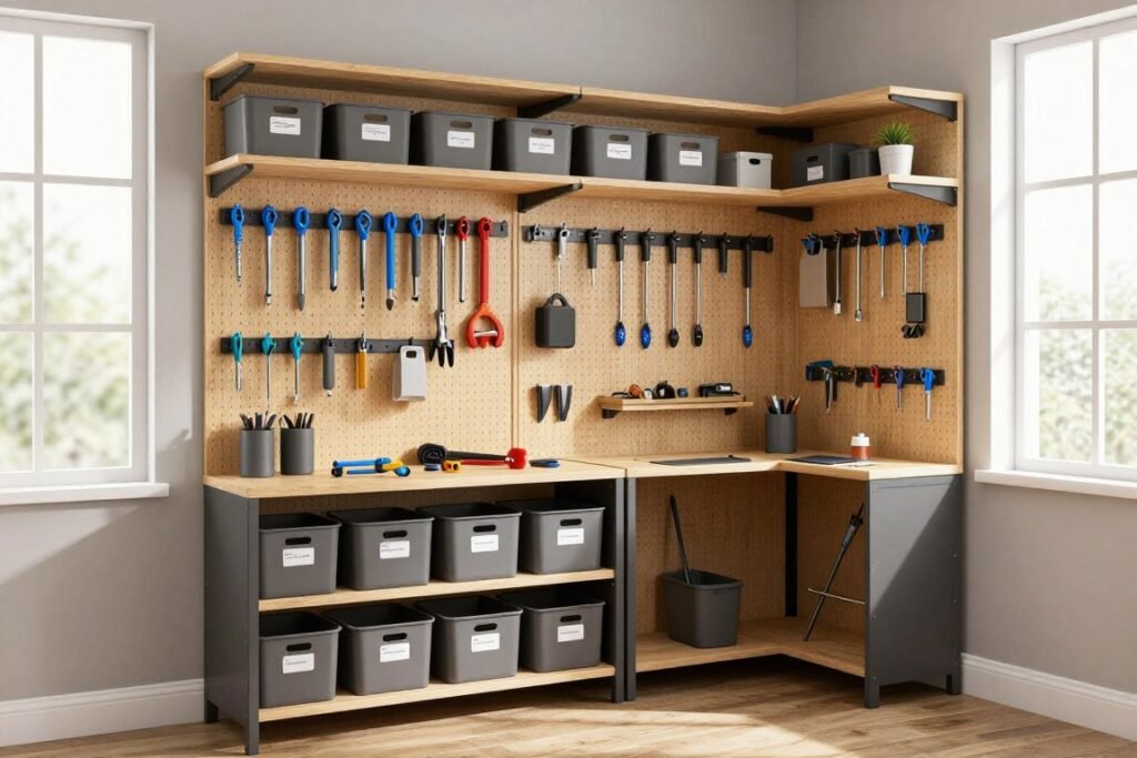 Well-organized shed interior with tools on pegboard