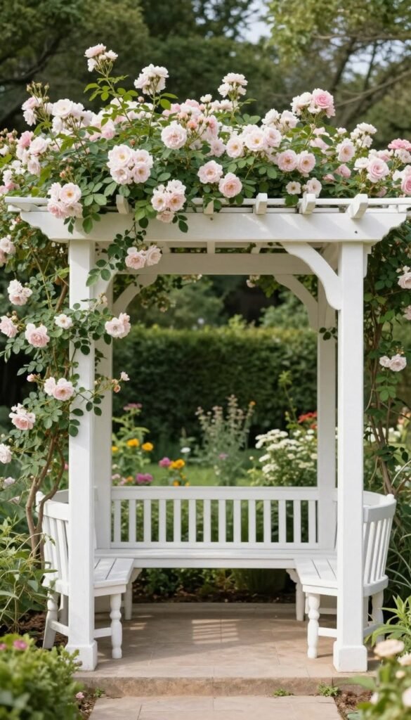 White pergola covered with climbing roses in backyard garden