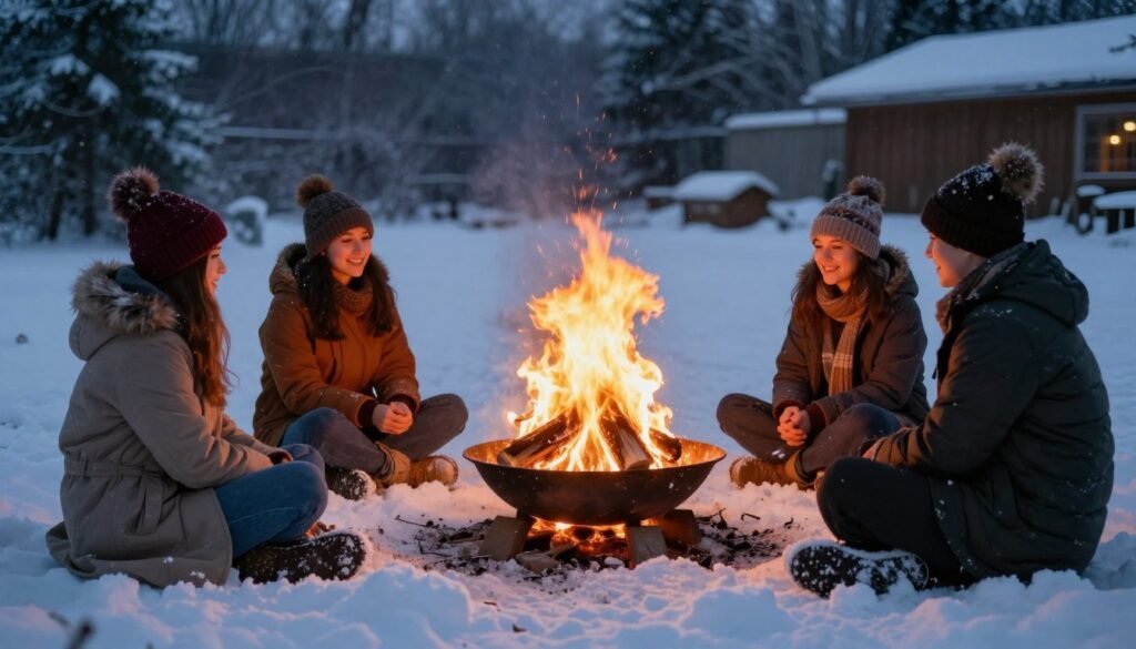 Winter fire pit with snow and warm fire burning