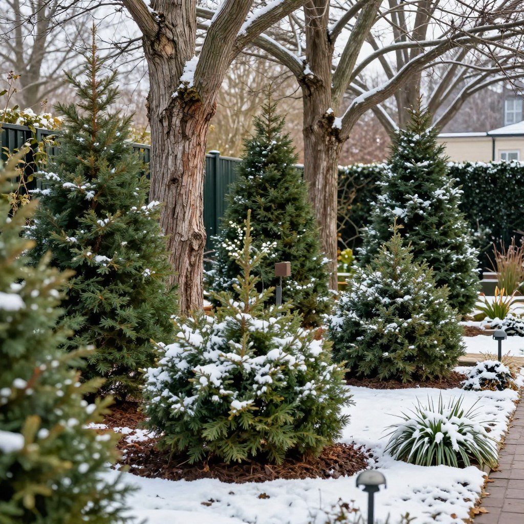 Winter garden with evergreens and interesting bark textures
