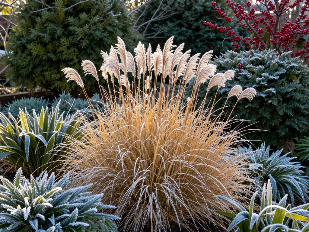 Winter garden with ornamental grasses and evergreens