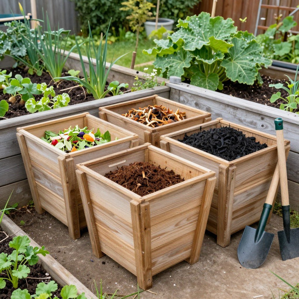 Wooden compost bin in garden corner