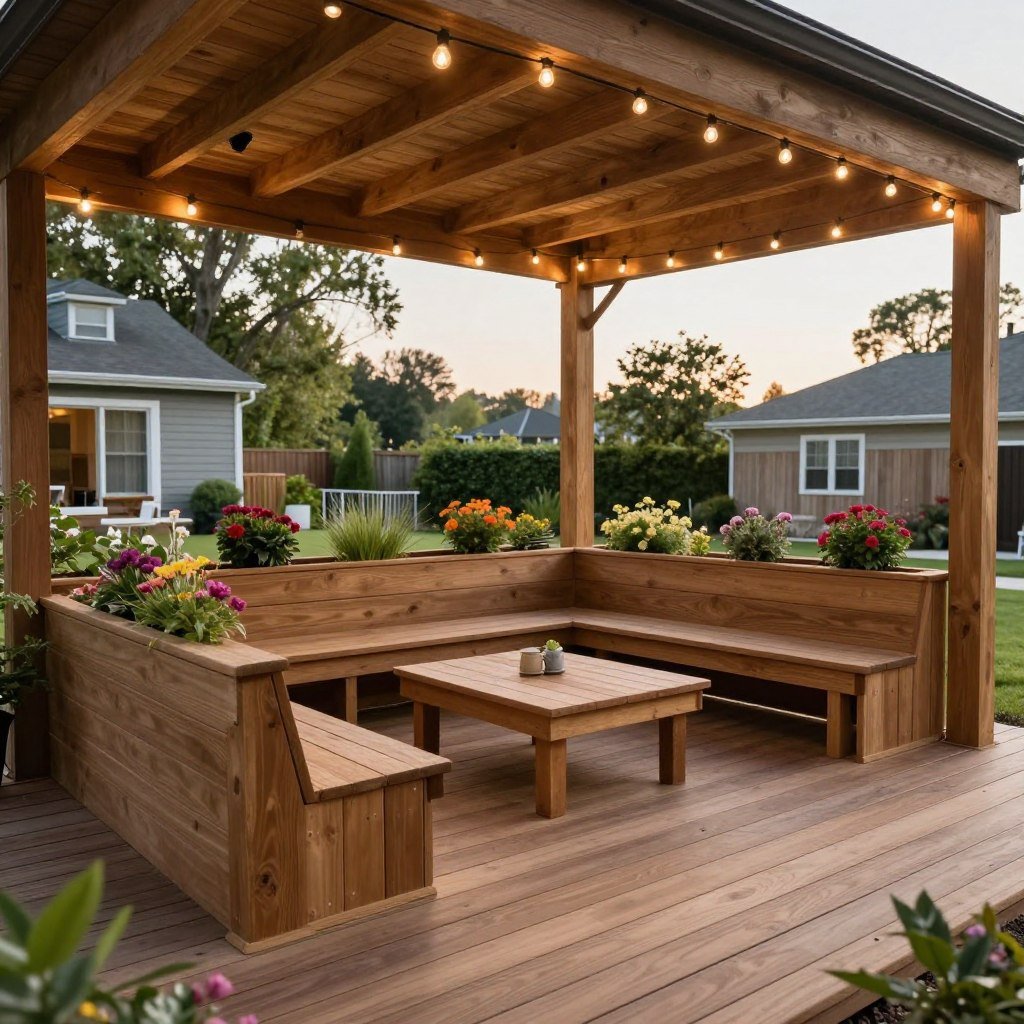 Wooden deck with built-in benches and planters