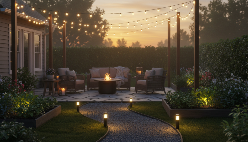 backyard at night with string lights and solar pathway lights