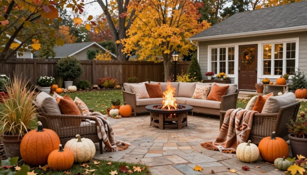 backyard decorated for fall with seasonal decor and warm lighting backyard decorated for fall with seasonal decor and warm lighting