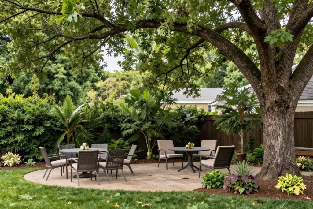 backyard design incorporating mature trees