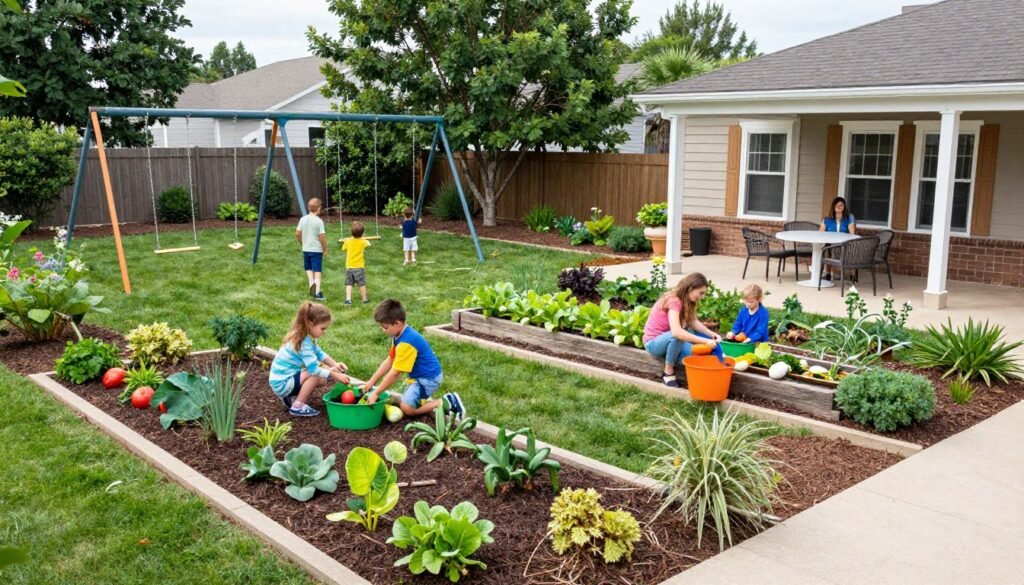 backyard designed for families with play area, garden beds, and seating