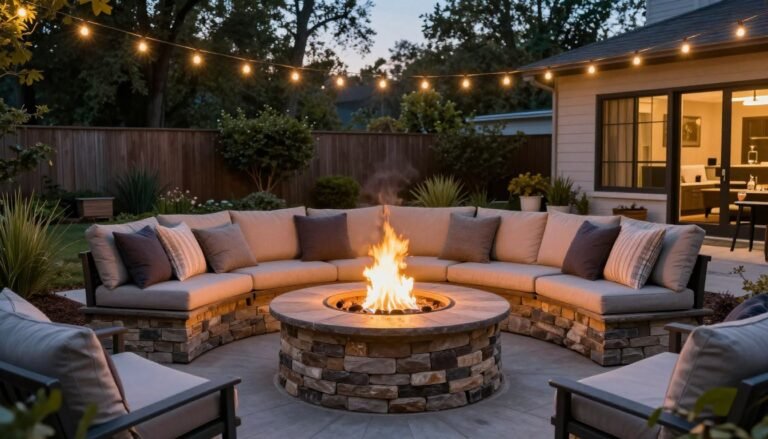backyard fire pit ideas lounge areas with comfortable seating arrangement around stone fire pit