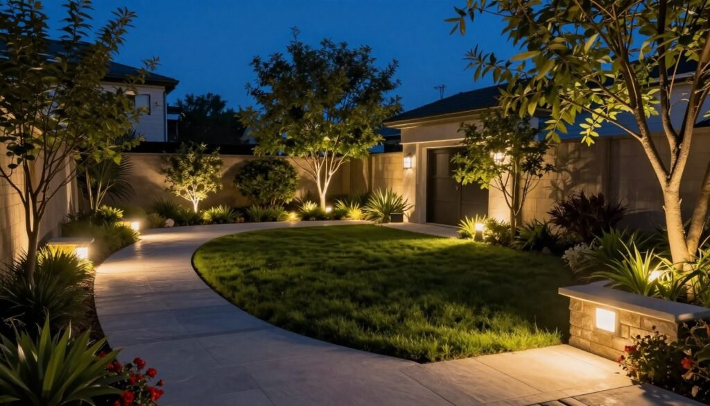 backyard illuminated with landscape lighting at twilight showing pathways and plants