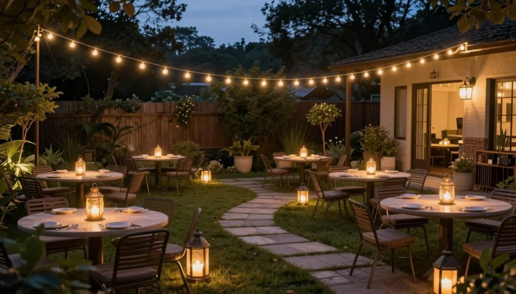backyard illuminated with layered outdoor lighting including string lights and lanterns backyard illuminated with layered outdoor lighting including string lights and lanterns