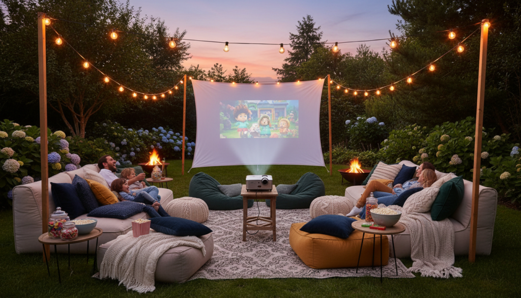 backyard movie night setup with white screen and cozy seating