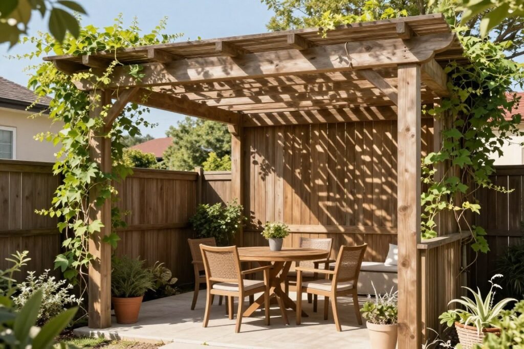 backyard pergola providing dappled shade over outdoor dining area backyard pergola providing dappled shade over outdoor dining area