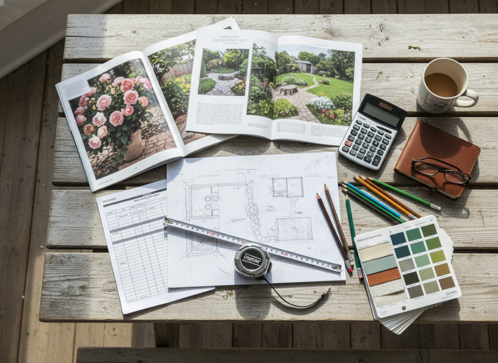 backyard planning sketch with budget notes and measurement tools