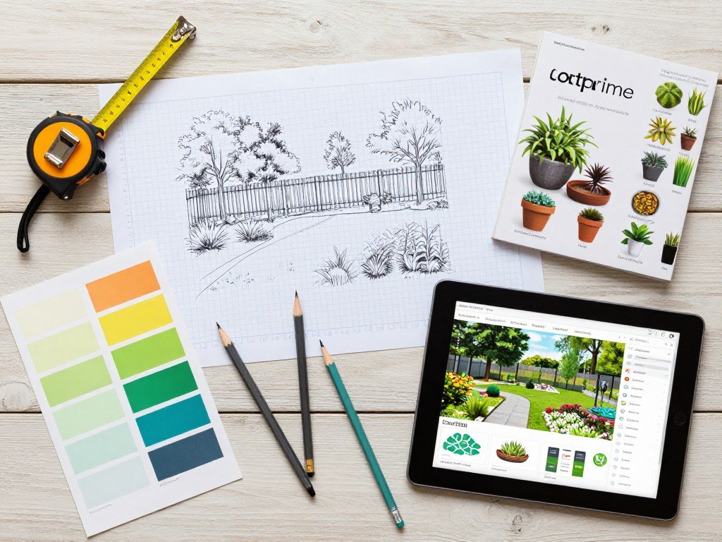 backyard planning sketch with measuring tools and design notes