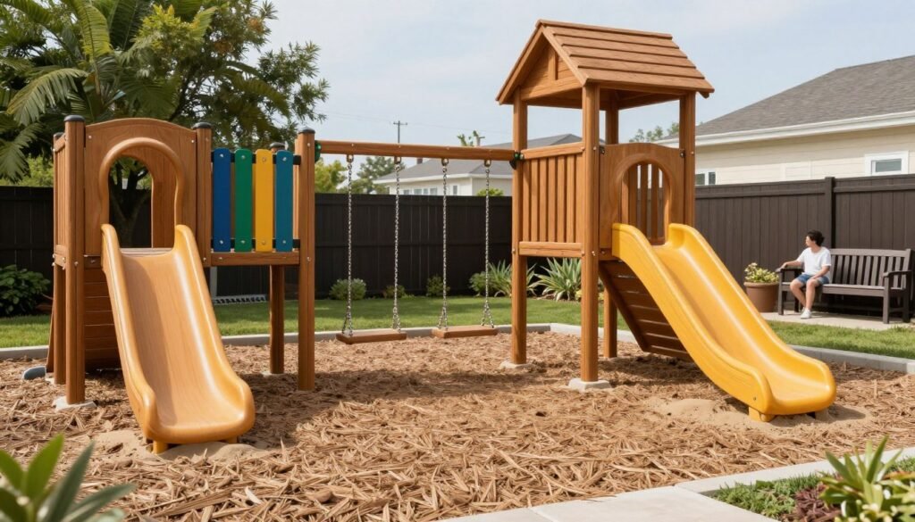 backyard play area with equipment and safety features