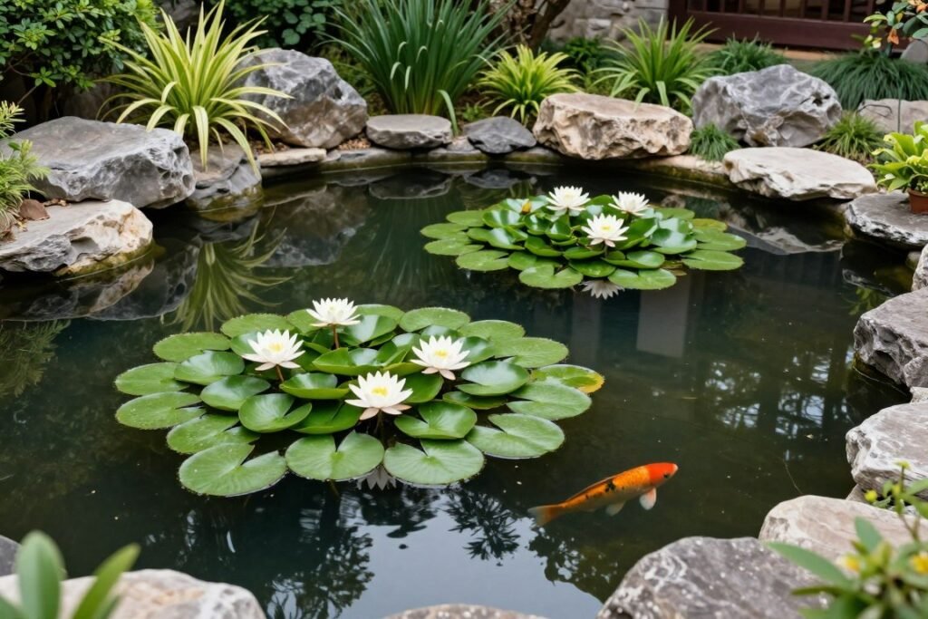 backyard pond with water lilies and plants