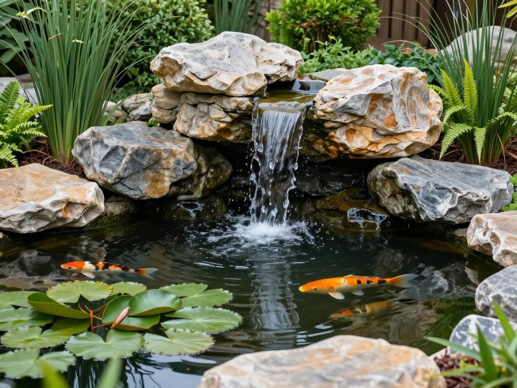 backyard pond with waterfall and surrounding plants