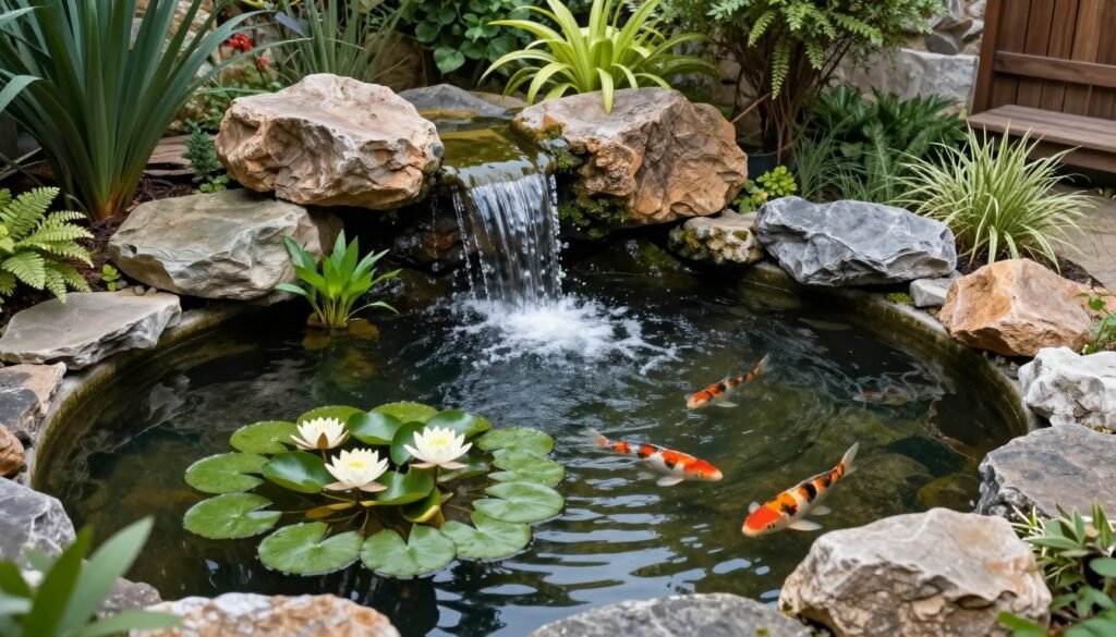 backyard pond with waterfall, aquatic plants, and surrounding stone border