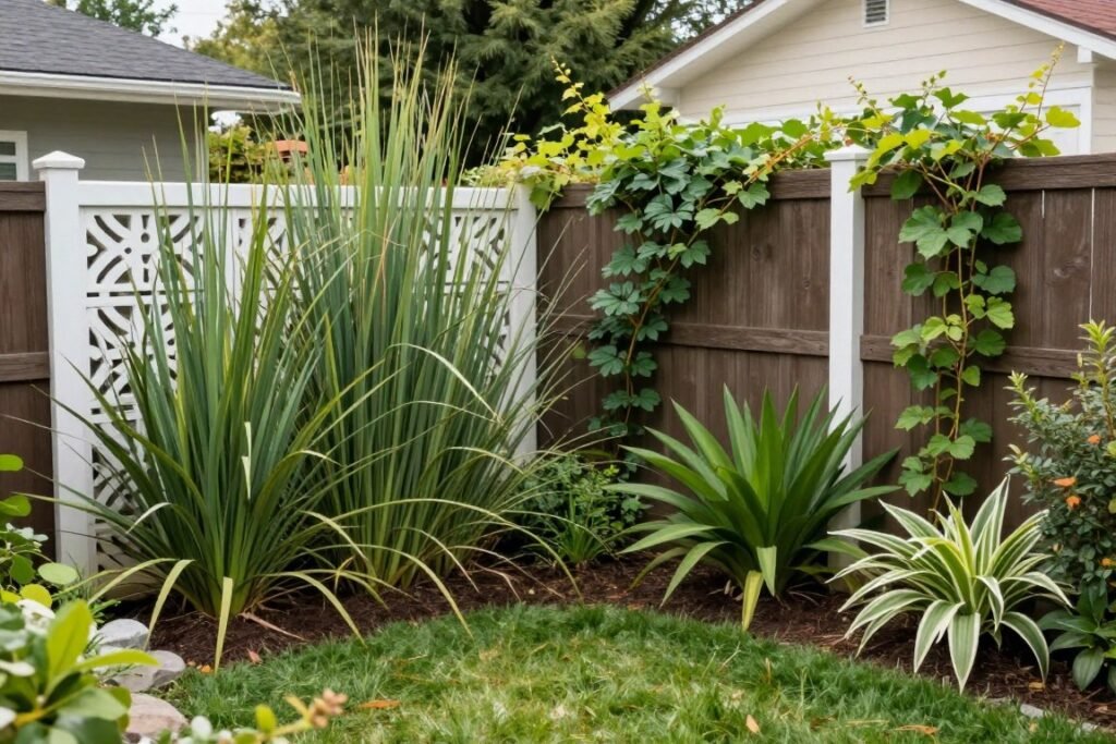 backyard privacy screen made with plants and decorative fencing backyard privacy screen made with plants and decorative fencing