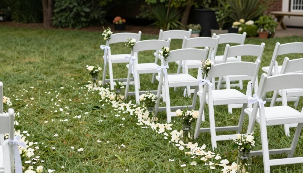 backyard wedding aisle decorated with flower petals and simple chair decorations