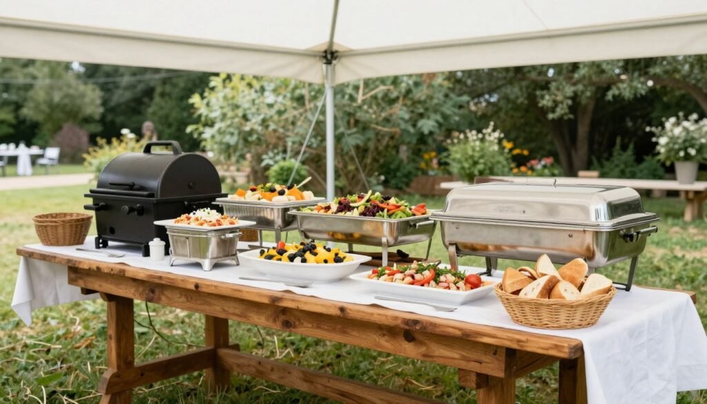 backyard wedding buffet table with casual affordable food options