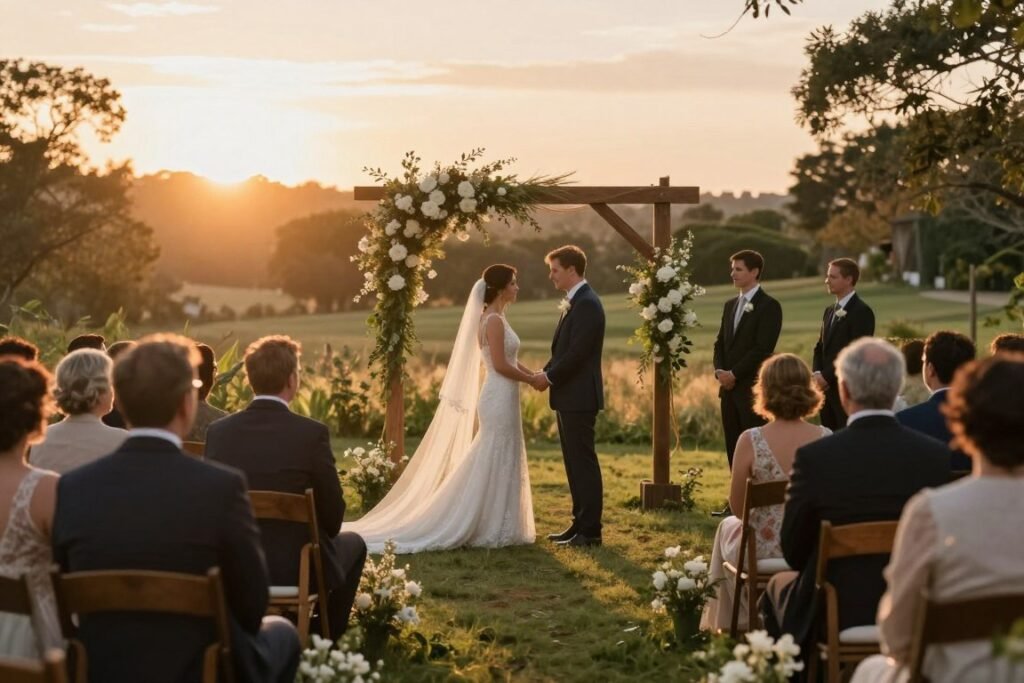 backyard wedding ceremony with sunset lighting and natural decorations