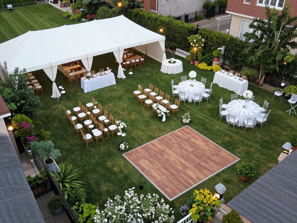 backyard wedding layout diagram showing ceremony and reception areas with guest seating arrangement