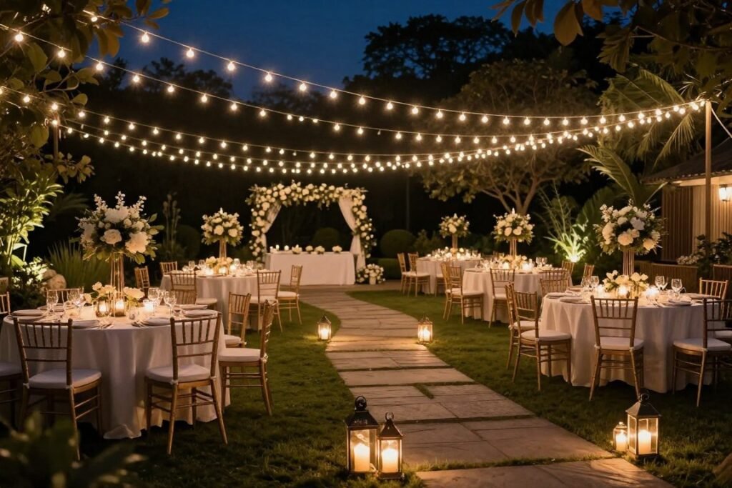 backyard wedding lighting with lanterns and string lights at night