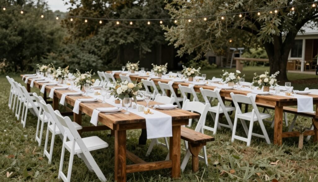 backyard wedding reception with long farm tables and mixed seating