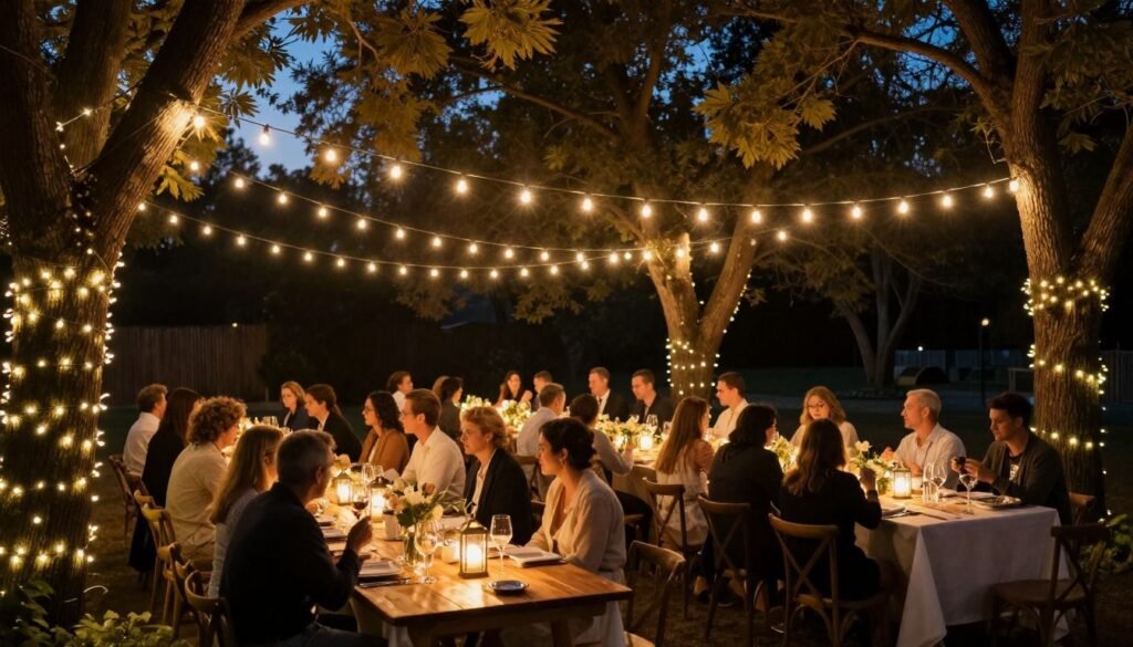 backyard wedding reception with string lights creating romantic evening atmosphere