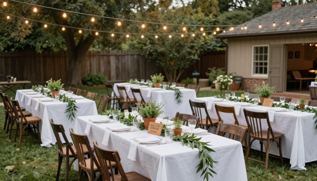 backyard wedding setup showing budget-friendly decoration ideas