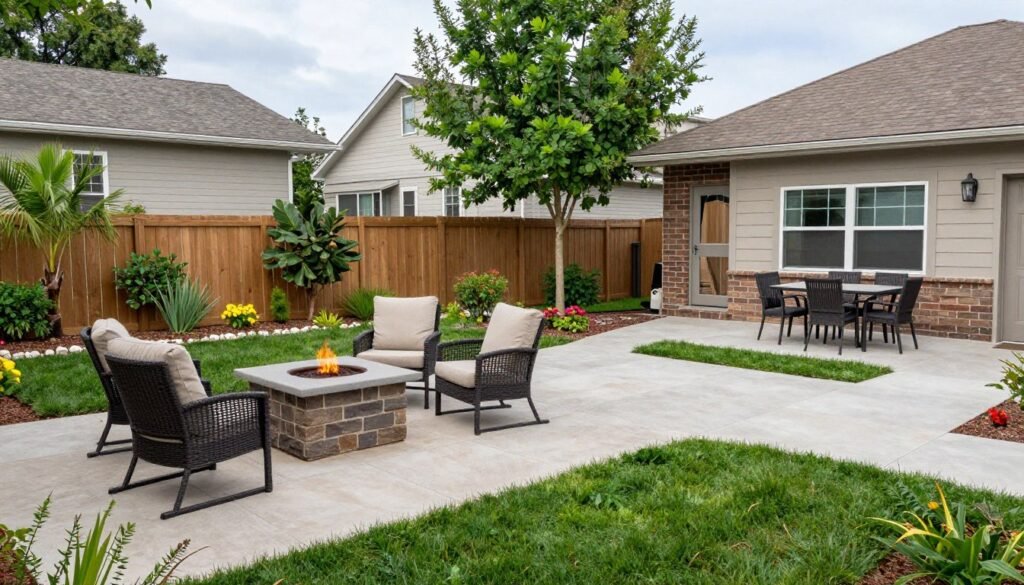 backyard with clearly defined zones including fire pit lounge and dining area