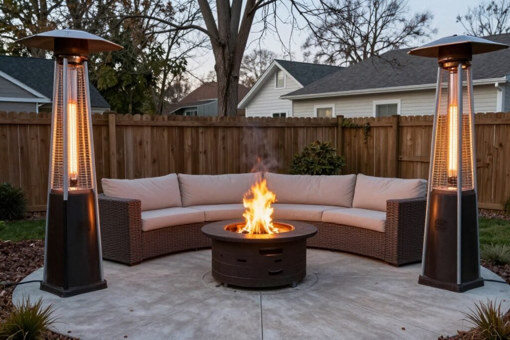 backyard with heating elements for cool weather