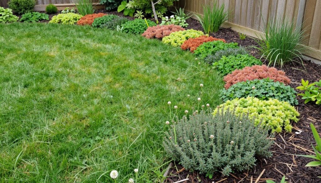 backyard with minimal lawn replaced by flowering groundcover and garden beds
