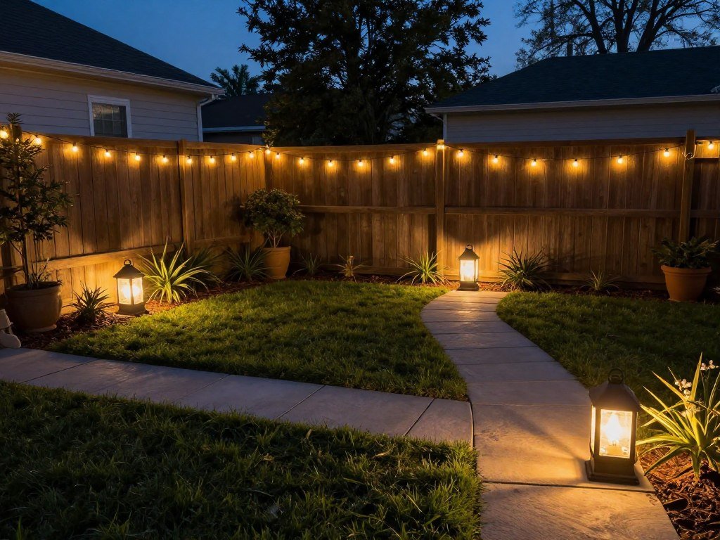 backyard with multiple lighting layers at dusk