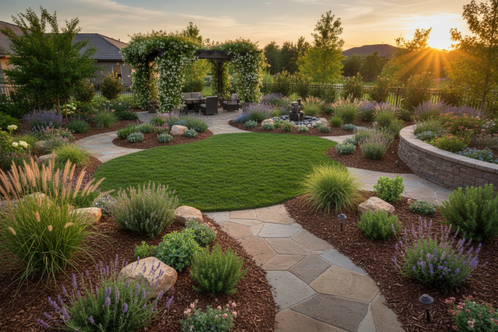 backyard with reduced lawn area and expanded mulched planting beds