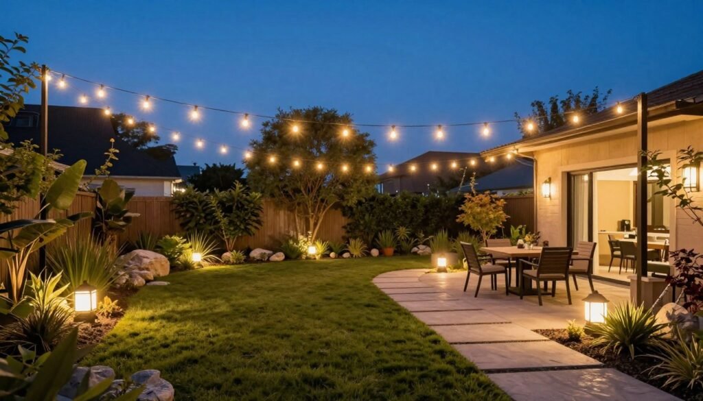 backyard with string lights and pathway lighting