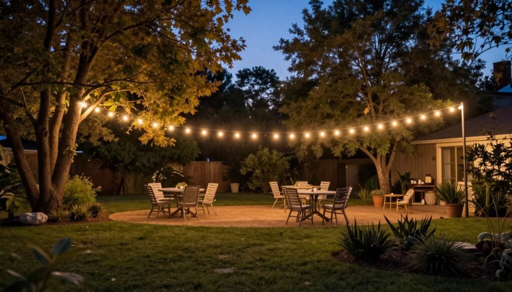 backyard with string lights creating warm ambiance