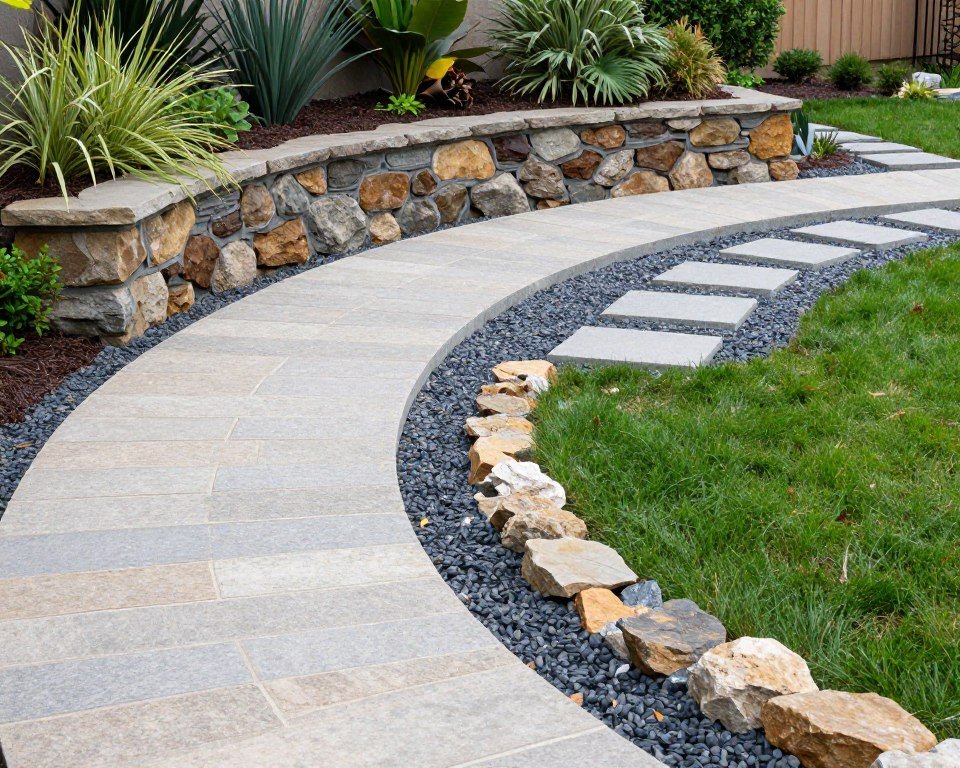 backyard with various hardscaping elements including pathways and walls