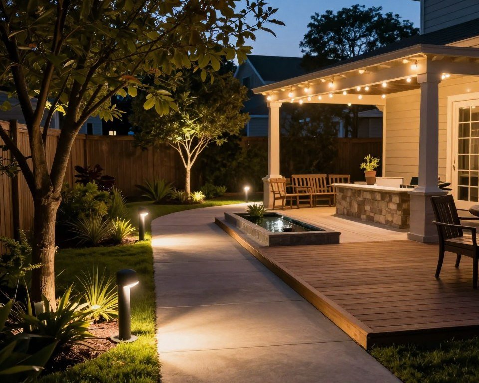backyard with various outdoor lighting types at dusk