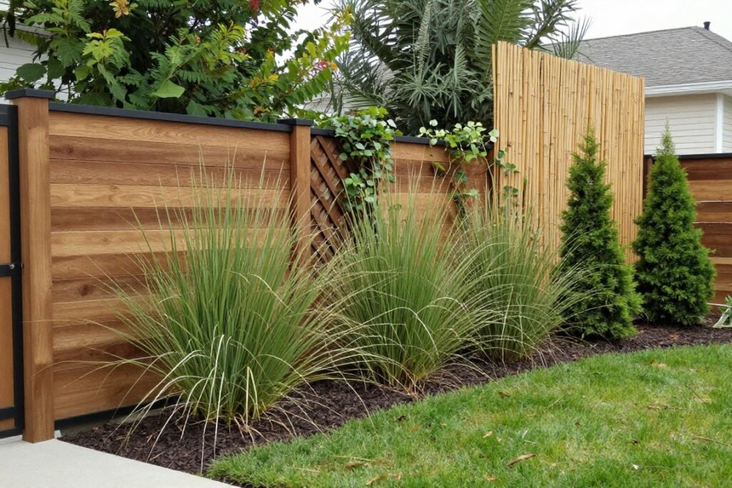 backyard with various privacy screens including fence and plants