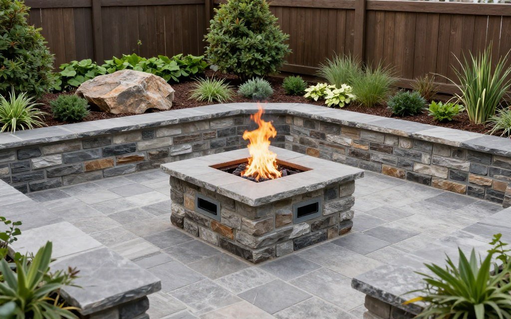 balanced combination of stone hardscape and soft landscaping around fire pit