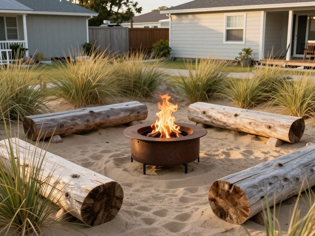 beach-style fire pit surrounded by sand and dune grasses