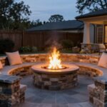 beautiful backyard fire pit ideas with stone seating area at dusk