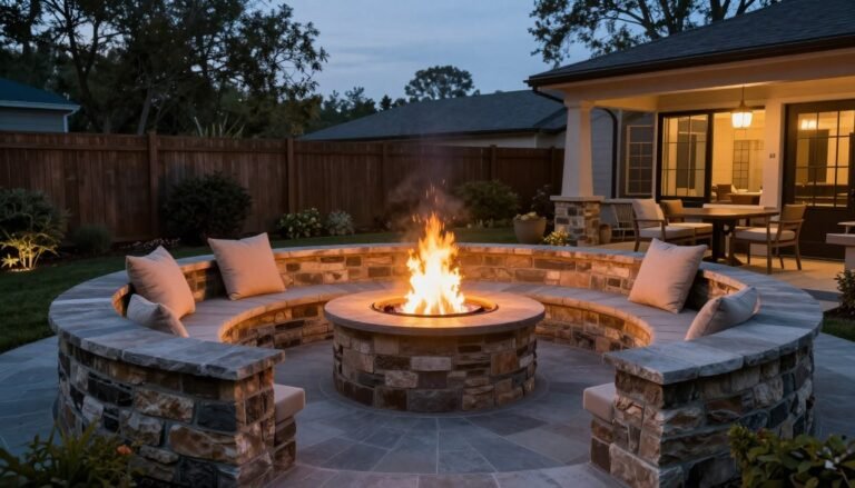 beautiful backyard fire pit ideas with stone seating area at dusk