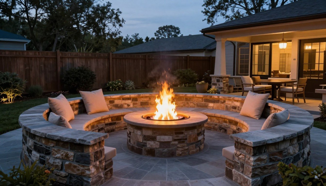 beautiful backyard fire pit ideas with stone seating area at dusk